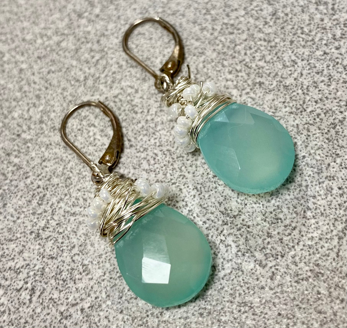 Blue Chalcedony Earrings with freshwater pearl and silver 925