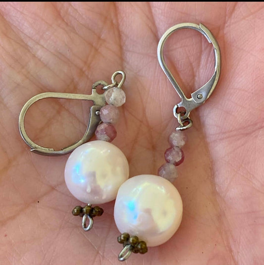 Freshwater Pearl and pink Tourmaline Earrings.