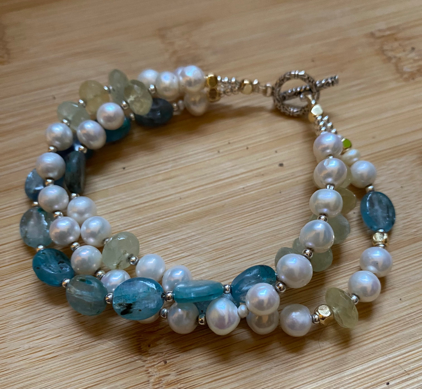 3 rows of Pearl, kyanite, prehnite, silver bracelet, Freshwater Pearl, Pearl, Silver beads.