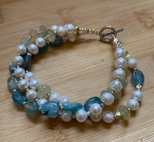 3 rows of Pearl, kyanite, prehnite, silver bracelet, Freshwater Pearl, Pearl, Silver beads.