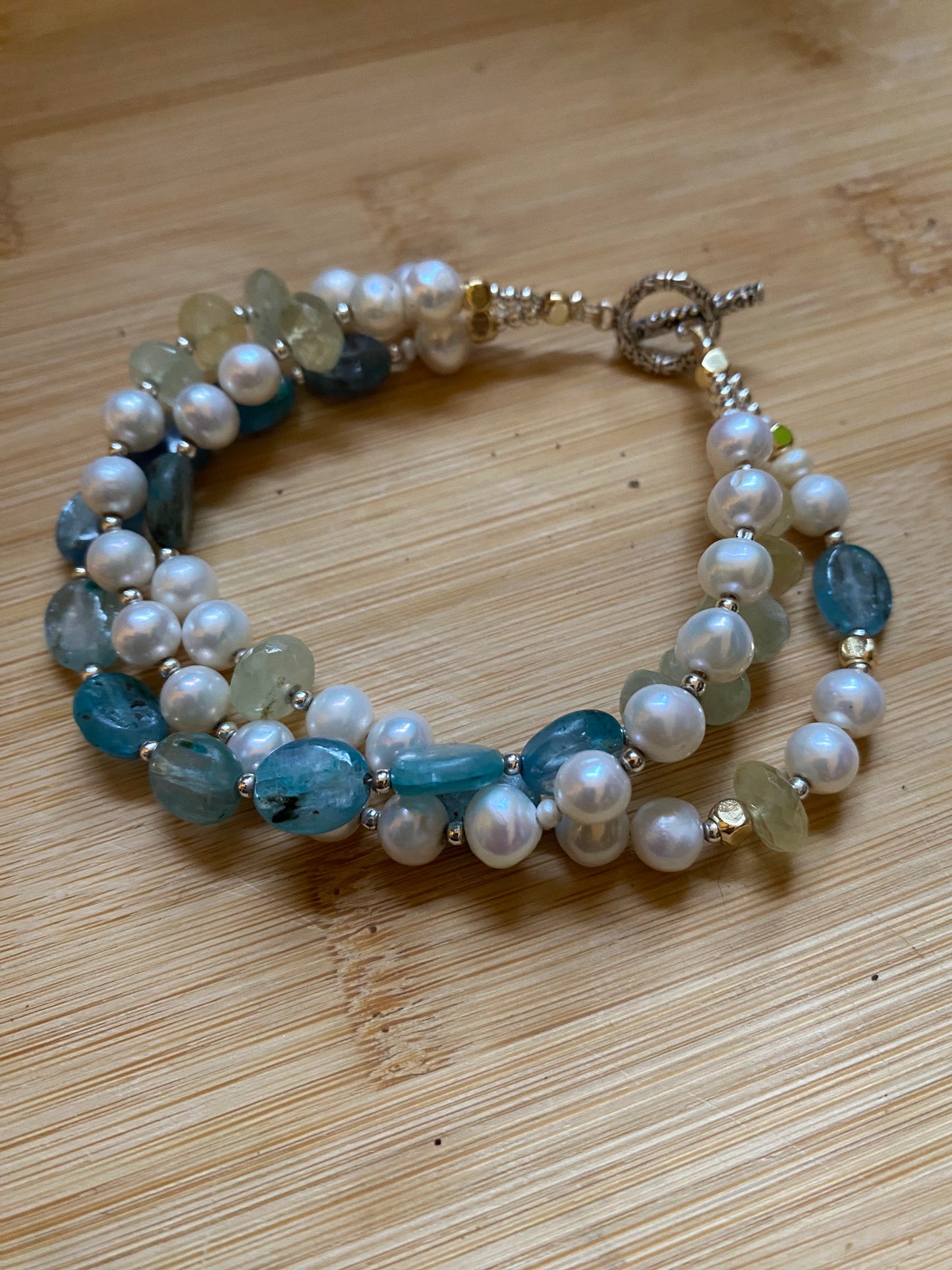 3 rows of Pearl, kyanite, prehnite, silver bracelet, Freshwater Pearl, Pearl, Silver beads.