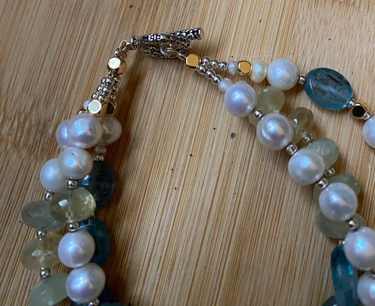 3 rows of Pearl, kyanite, prehnite, silver bracelet, Freshwater Pearl, Pearl, Silver beads.