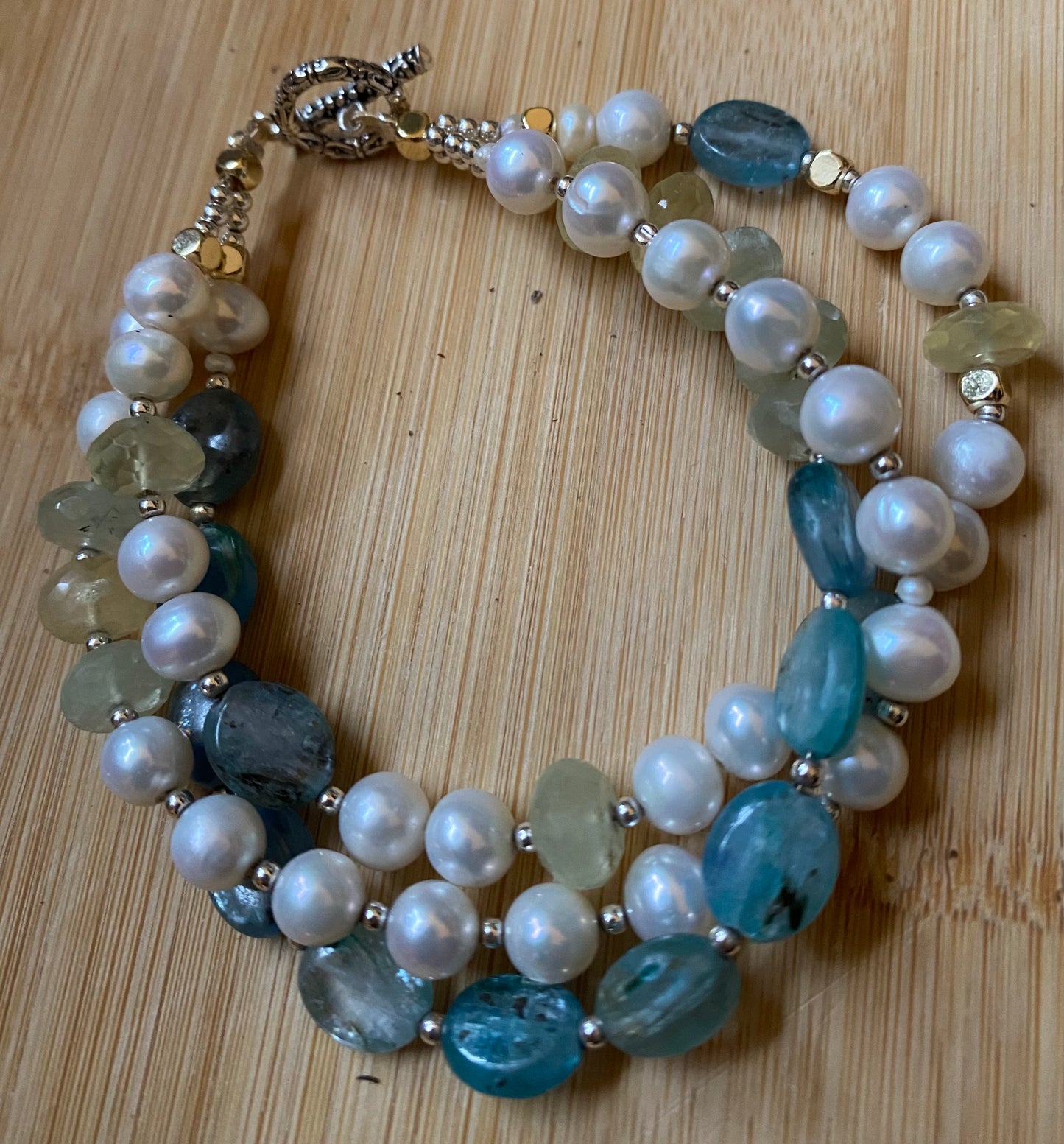 3 rows of Pearl, kyanite, prehnite, silver bracelet, Freshwater Pearl, Pearl, Silver beads.