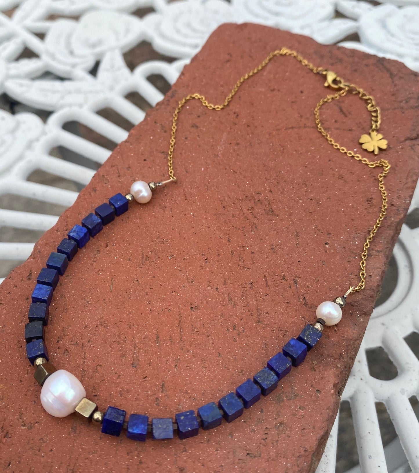 Lapis Lazuli With Pearl Beaded Necklace, 6-7mm Blue & white Bead Necklace, Lapis with Pearl Beads Designer Necklace, Women's Necklace