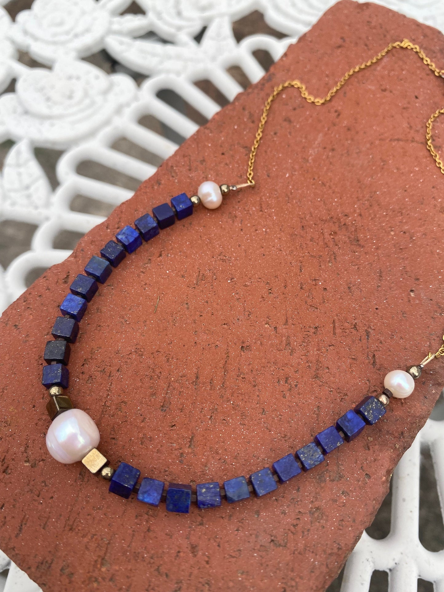 Lapis Lazuli With Pearl Beaded Necklace, 6-7mm Blue & white Bead Necklace, Lapis with Pearl Beads Designer Necklace, Women's Necklace