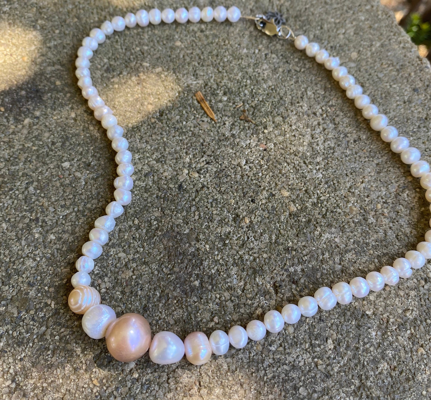 Handmade Freshwater White and Pink 4-10 mm Pearl Necklace,White Pearl Necklace,Beaded Pearl Jewelry, Nice gift for all occasions