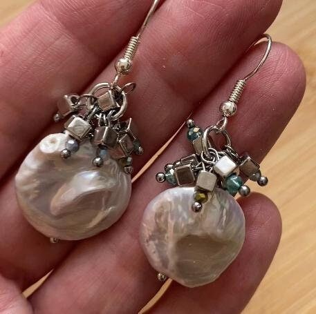 White Freshwater Coin Pearl earrings, coin pearl earrings, flat freshwater pearl earrings