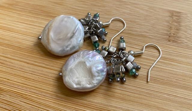 White Freshwater Coin Pearl earrings, coin pearl earrings, flat freshwater pearl earrings