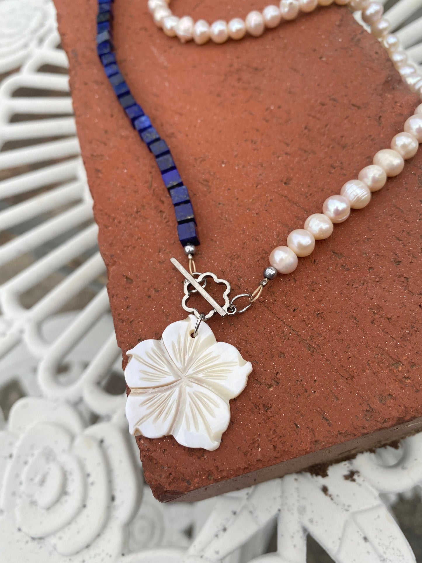 White natural Pearl and Lapis Lazuli Necklace, with Mother of pearl Pendant, Valentine's gift