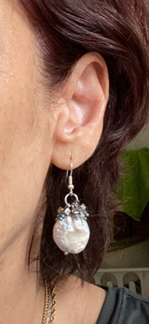 White Freshwater Coin Pearl earrings, coin pearl earrings, flat freshwater pearl earrings