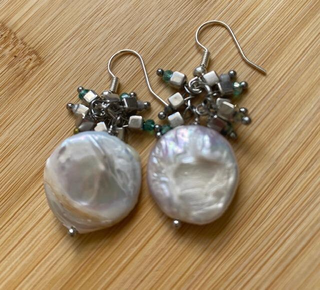 White Freshwater Coin Pearl earrings, coin pearl earrings, flat freshwater pearl earrings