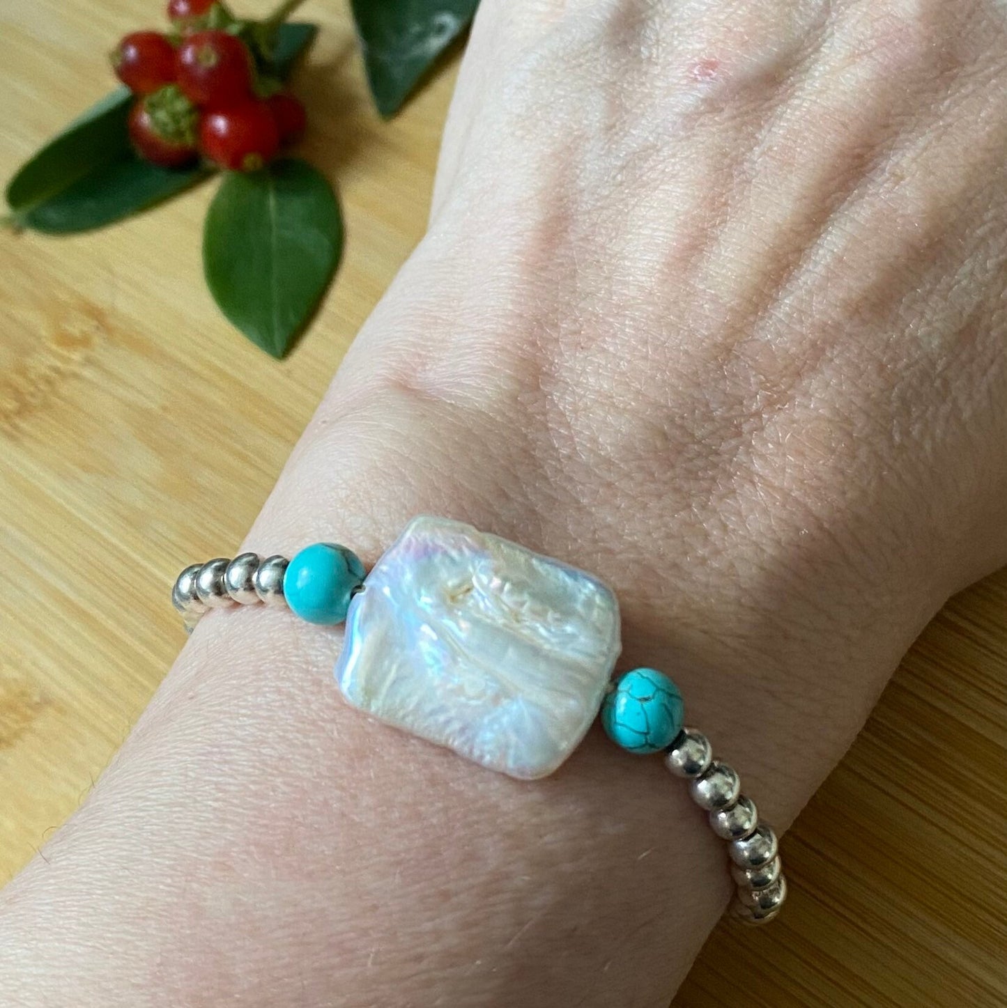 White Baroque pearl bracelet, Natural Turquoise bracelet, 925 Sterling silver