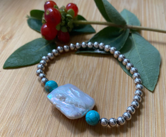 White Baroque pearl bracelet, Natural Turquoise bracelet, 925 Sterling silver