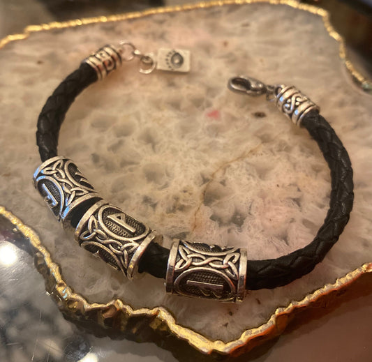 Antique Silver bracelets, Viking Rune Leather Bracelet , Rune Beads bracelet,