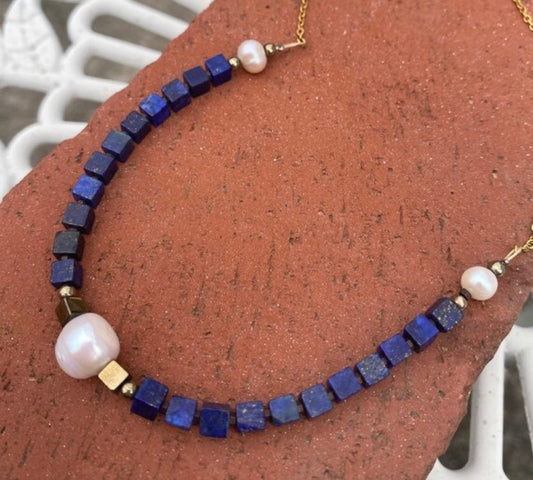 Lapis Lazuli With Pearl Beaded Necklace, 6-7mm Blue & white Bead Necklace, Lapis with Pearl Beads Designer Necklace, Women's Necklace