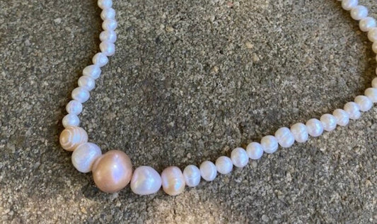 Handmade Freshwater White and Pink 4-10 mm Pearl Necklace,White Pearl Necklace,Beaded Pearl Jewelry, Nice gift for all occasions