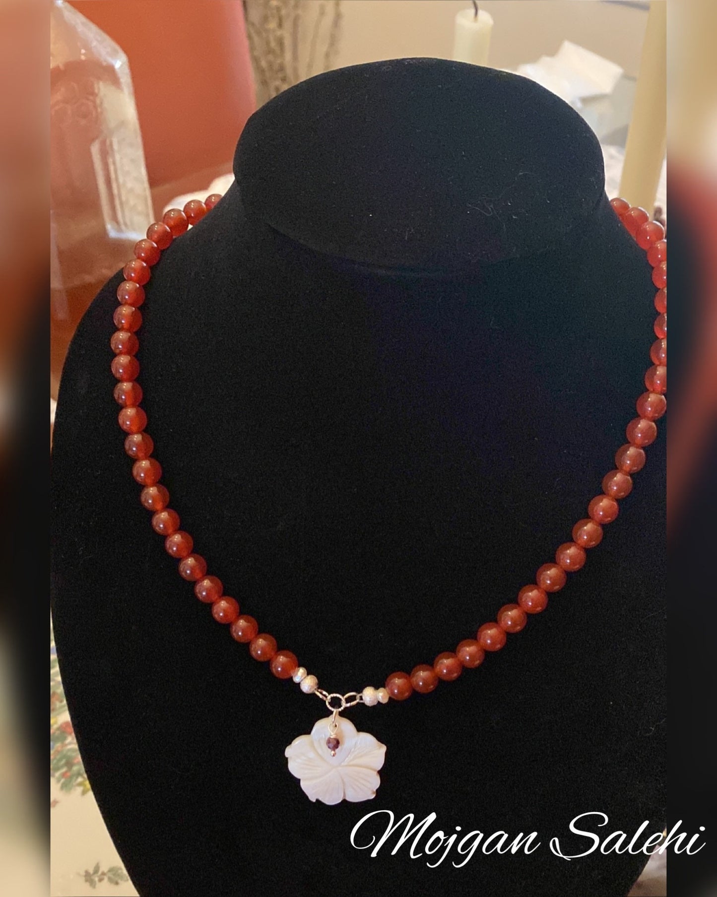 Carnelian Red Agate necklace with Mother of Pearl and Garnet.