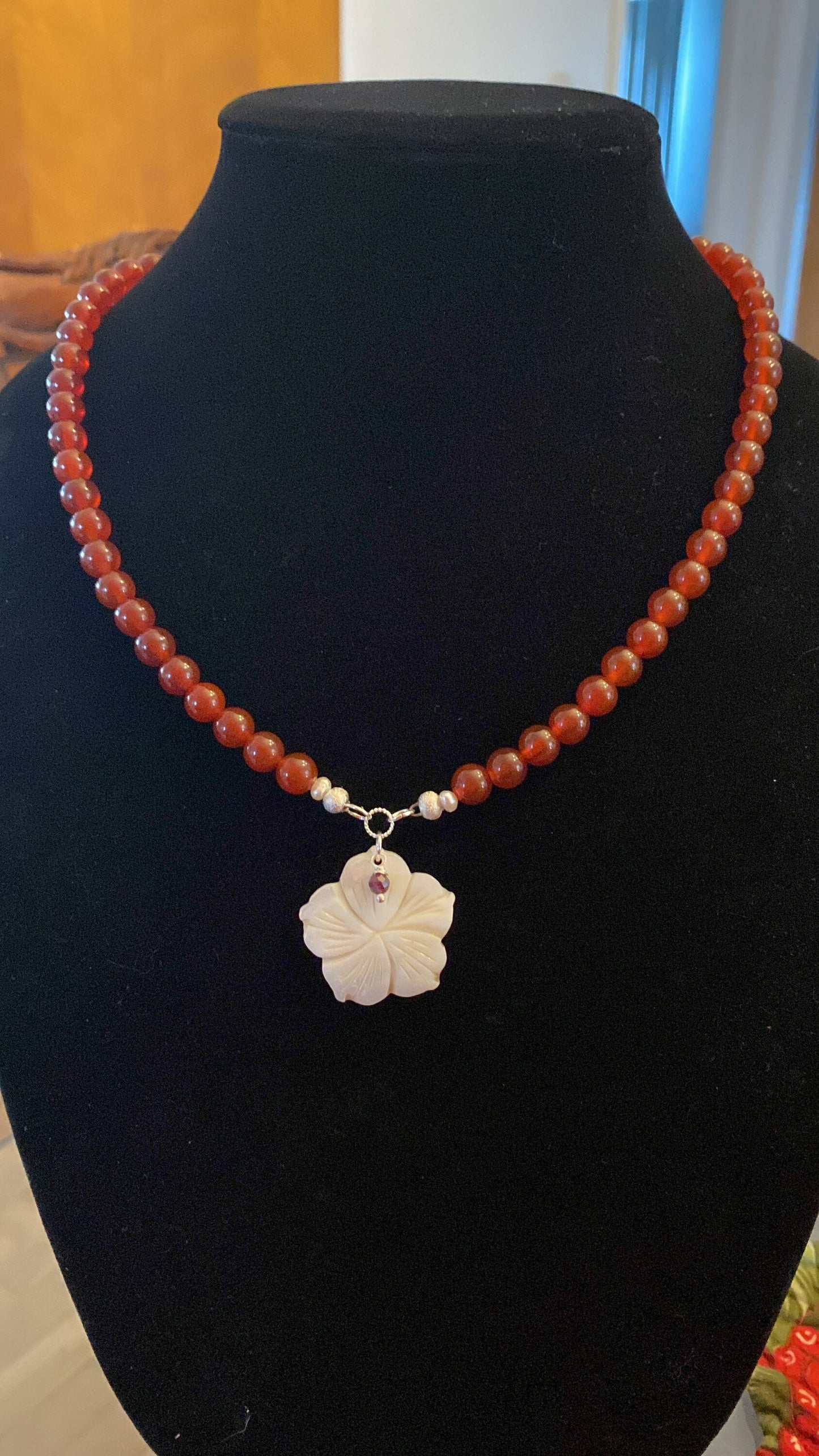 Carnelian Red Agate necklace with Mother of Pearl and Garnet.