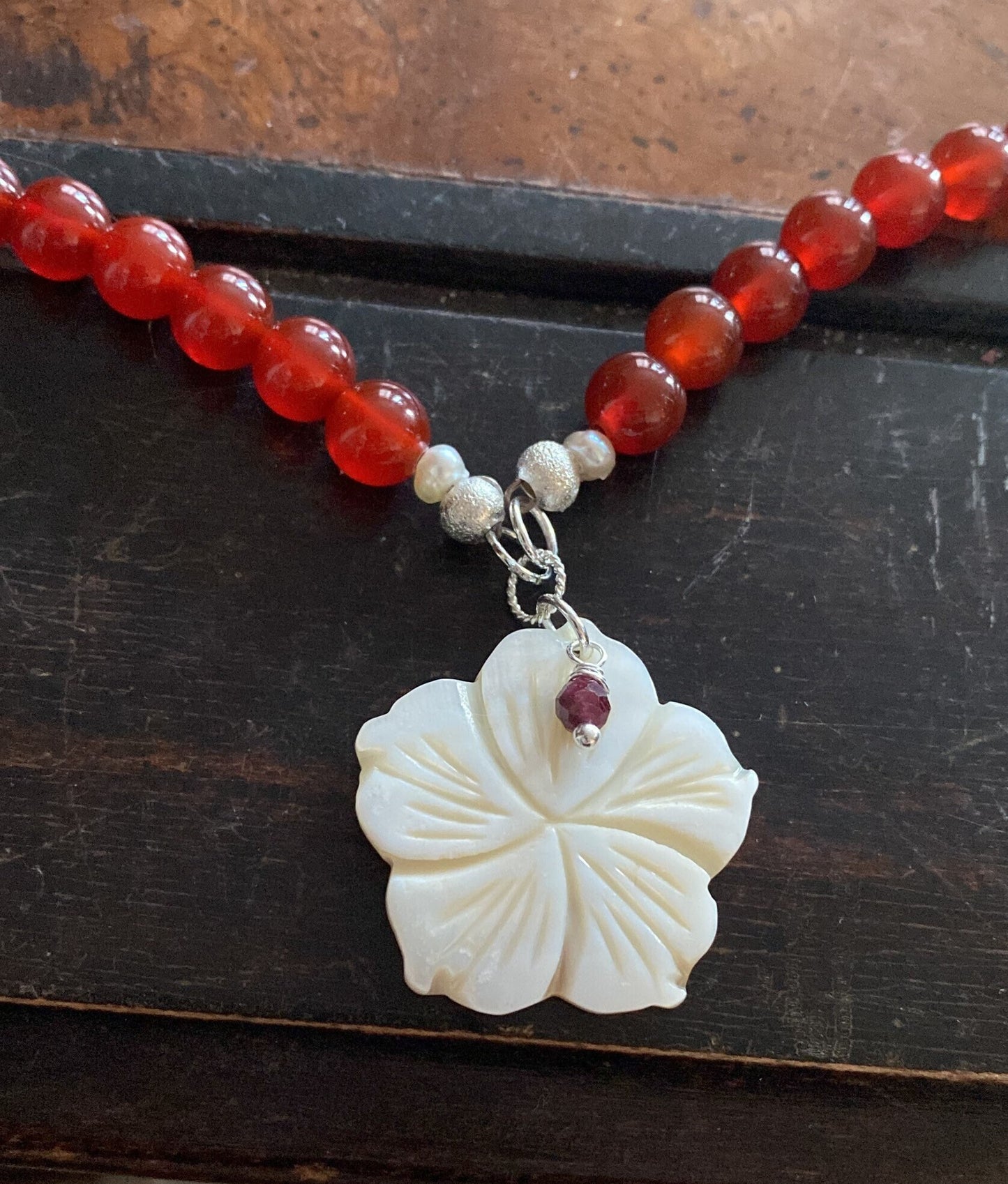 Carnelian Red Agate necklace with Mother of Pearl and Garnet.