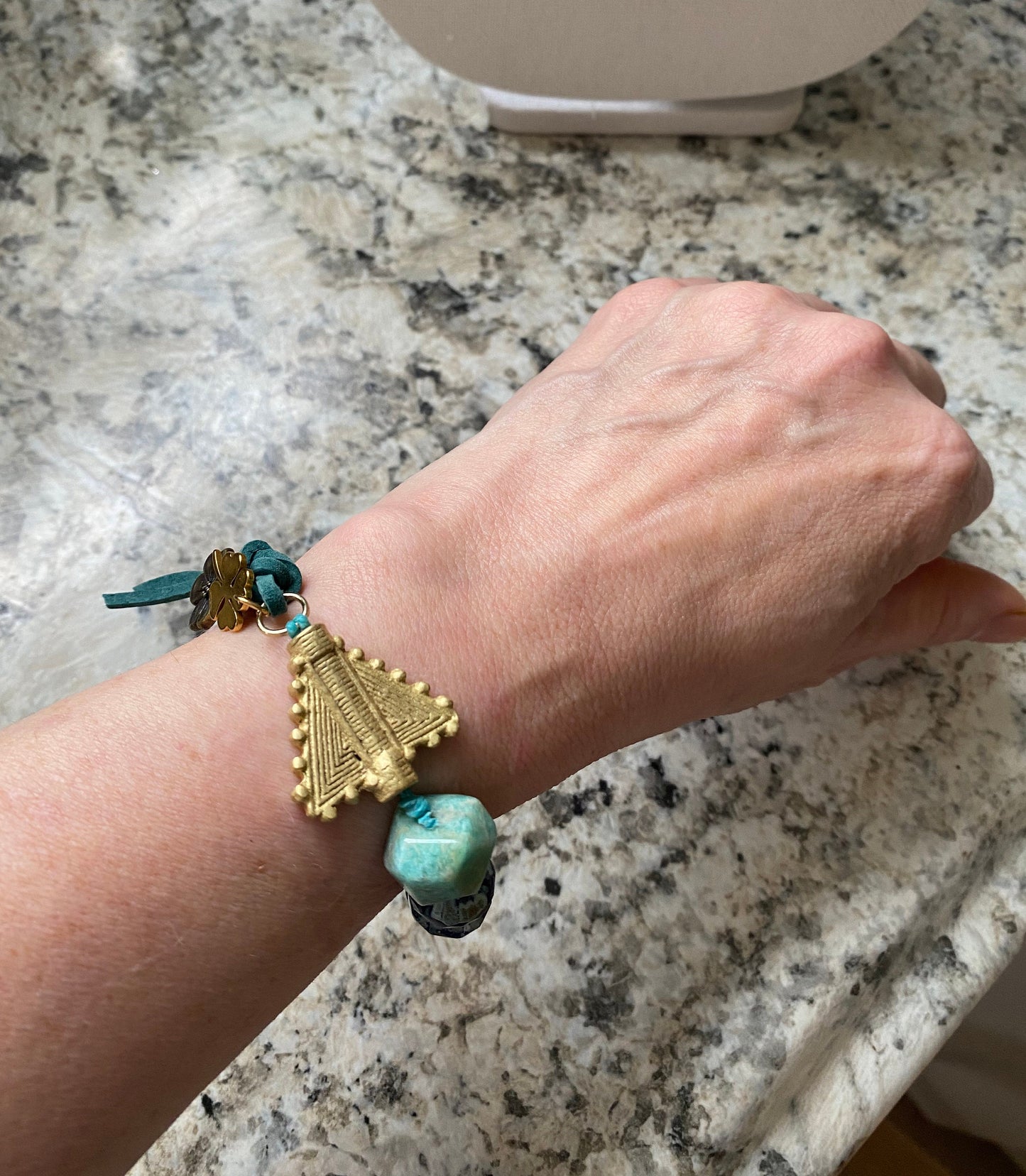 Amazonite , Czech glass beads, leather Bracelet, Blue sea Jasper Bracelet, Brass bracelet