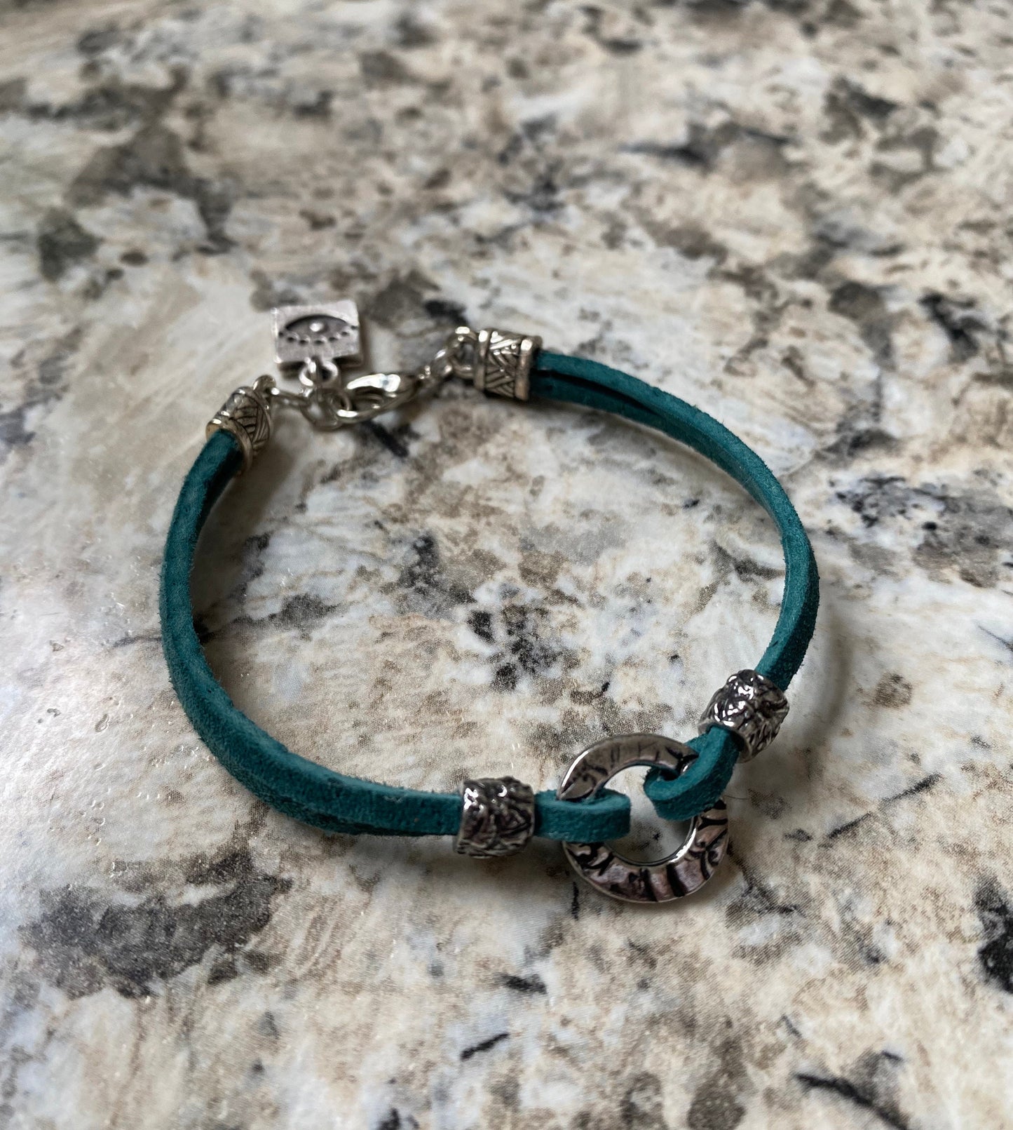 Suede bracelet, Silver Suede bracelet, Green Suede Silver Bracelet,