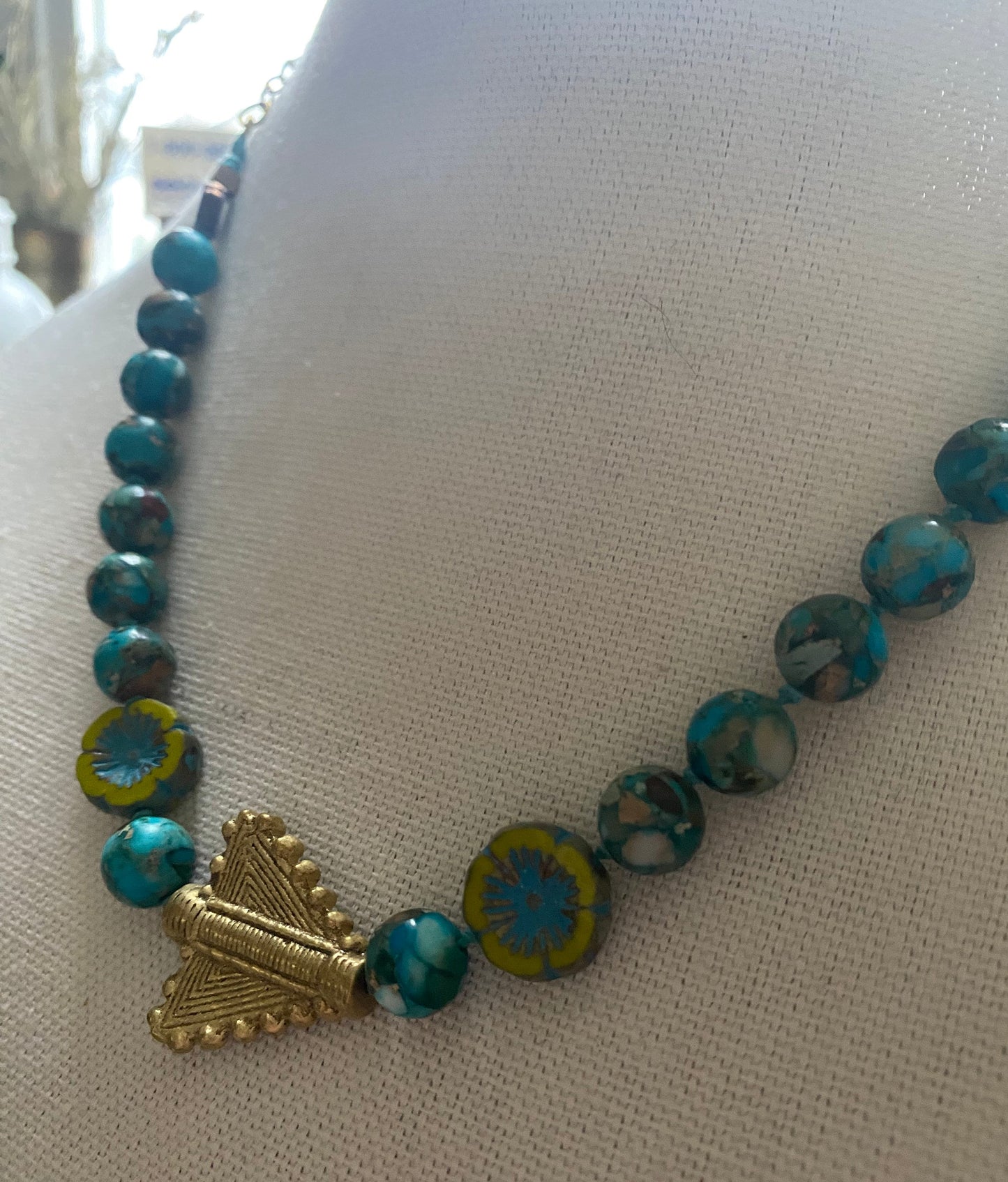 Blue Jasper, Czech, Brass bead Necklace