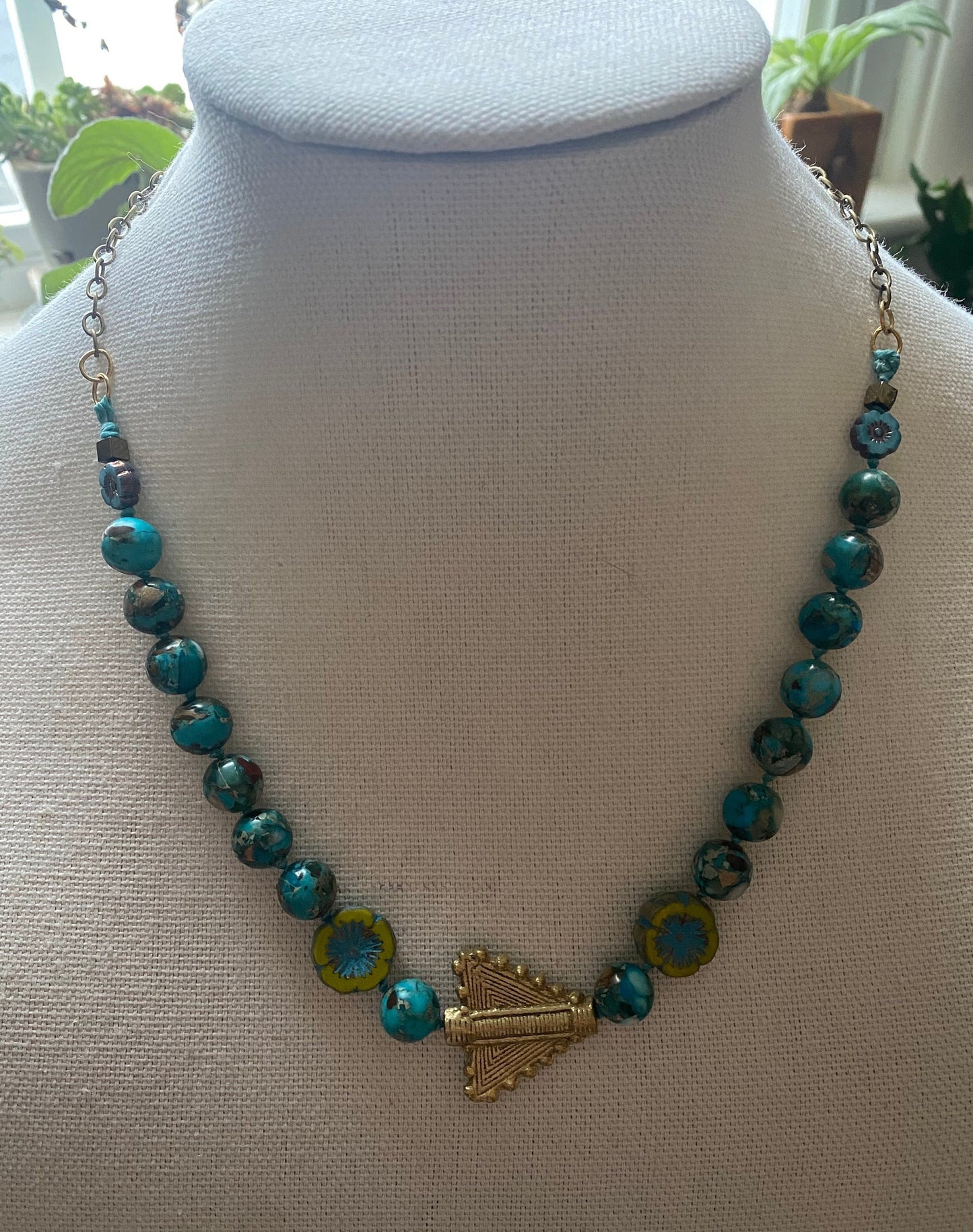 Blue Jasper, Czech, Brass bead Necklace