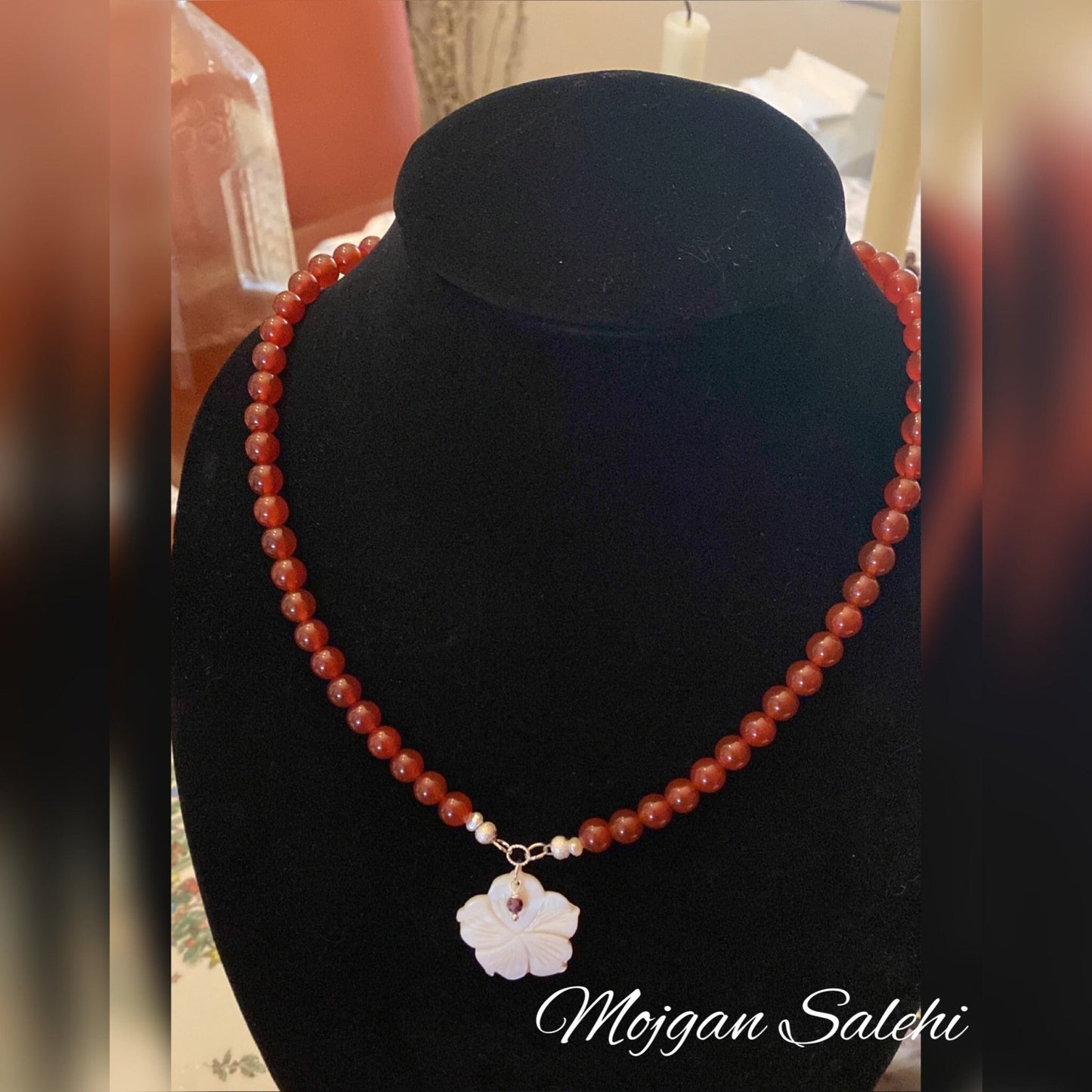 Carnelian Red Agate necklace with Mother of Pearl and Garnet.