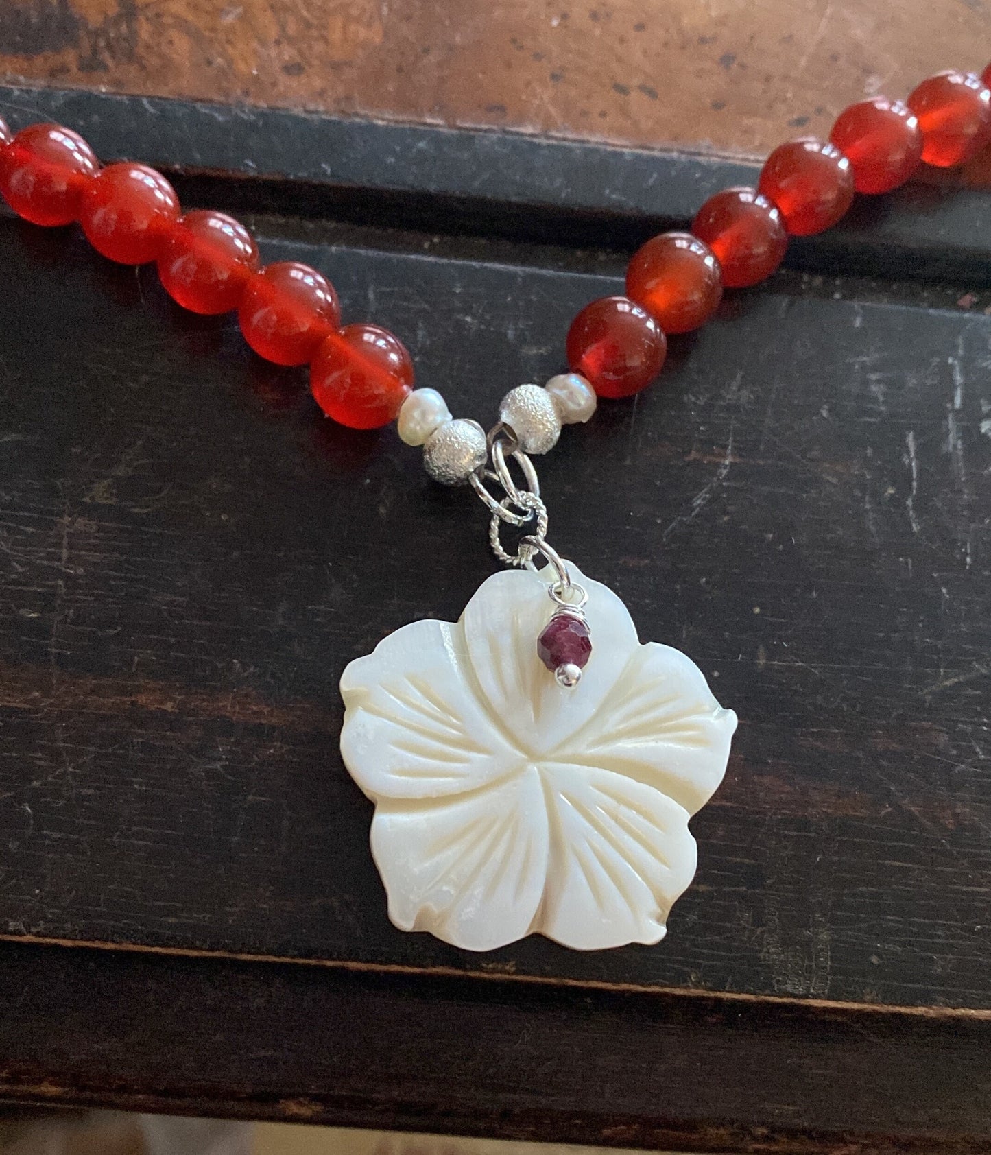 Carnelian Red Agate necklace with Mother of Pearl and Garnet.