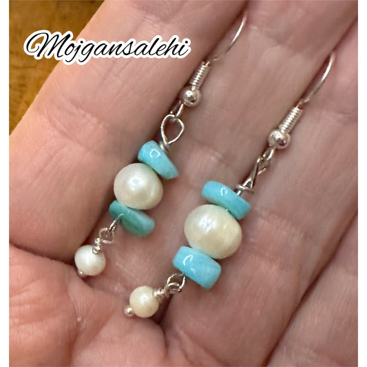 Pearl and shell earrings, Blue Shell Earrings, Pearl Earrings, Valentine gift, gift for her