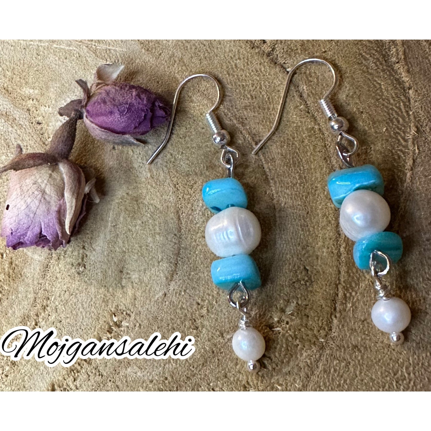 Pearl and shell earrings, Blue Shell Earrings, Pearl Earrings, Valentine gift, gift for her