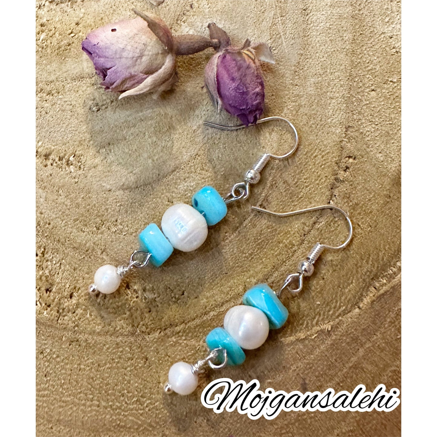 Pearl and shell earrings, Blue Shell Earrings, Pearl Earrings, Valentine gift, gift for her