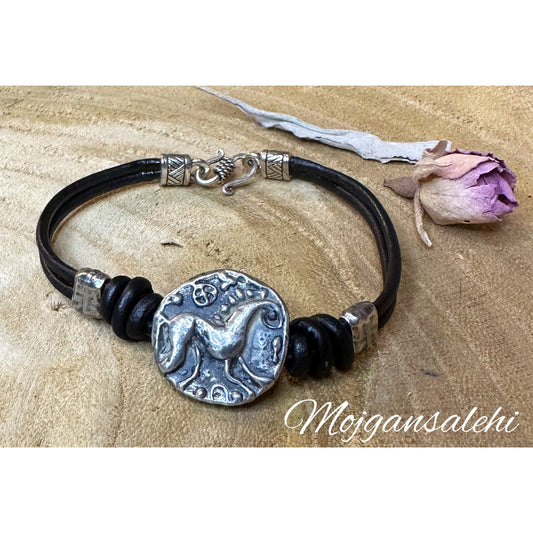 Celvic horse button bracelet with natural leather, sterling silver button bracelet