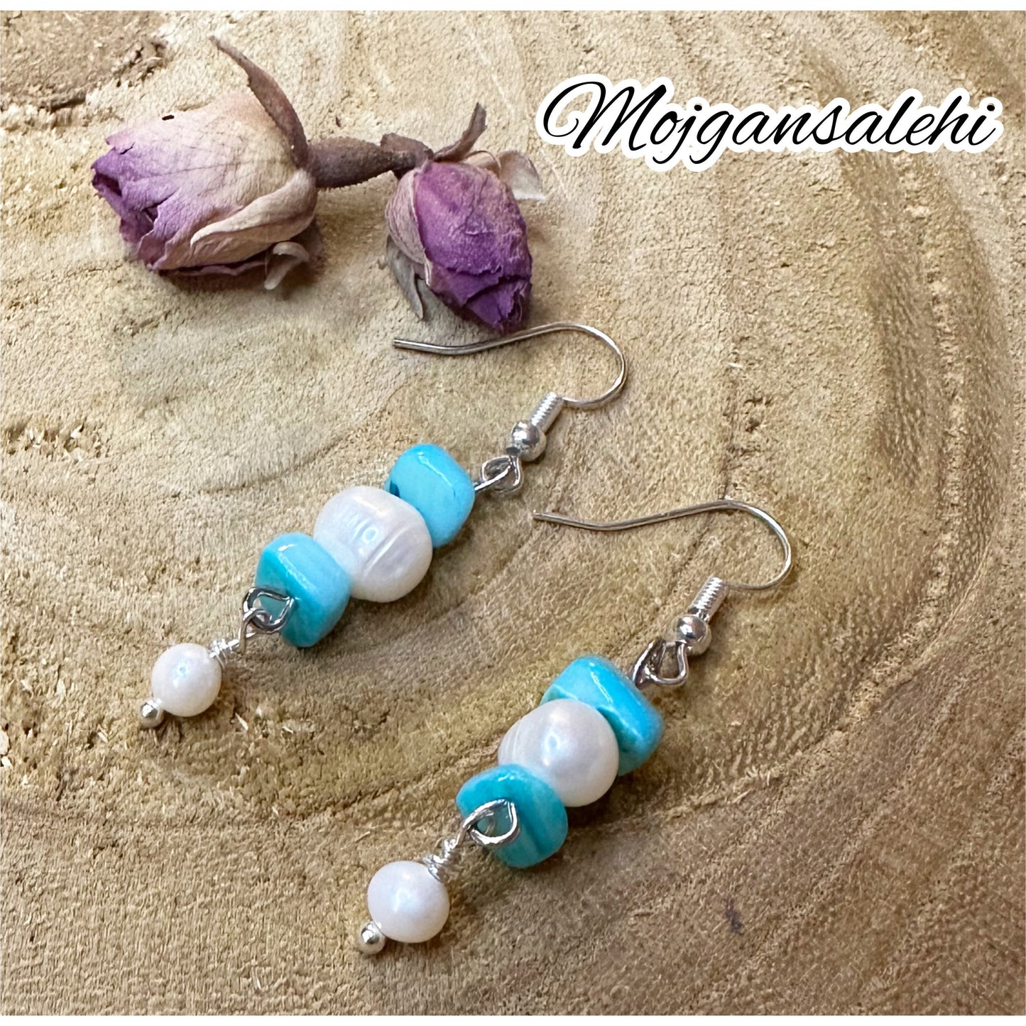 Pearl and shell earrings, Blue Shell Earrings, Pearl Earrings, Valentine gift, gift for her