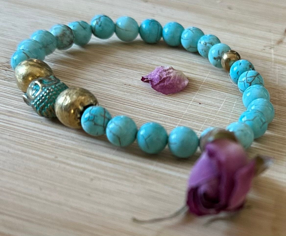 Turquoise buda Bracelet with african brass spacer. Turquoise bracelet, brass bracelet, buda bracelet, healing bracelet, Valentine’s gift.