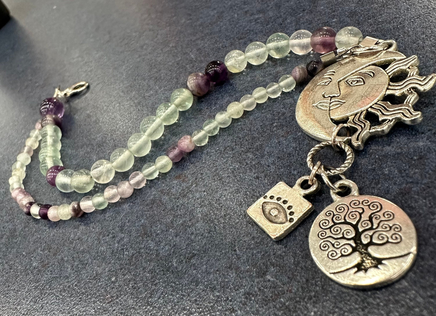 Fluorite bracelet with brass pendant, Evil eye bracelet, Sun and Moon bracelet. Valentine Day gift.