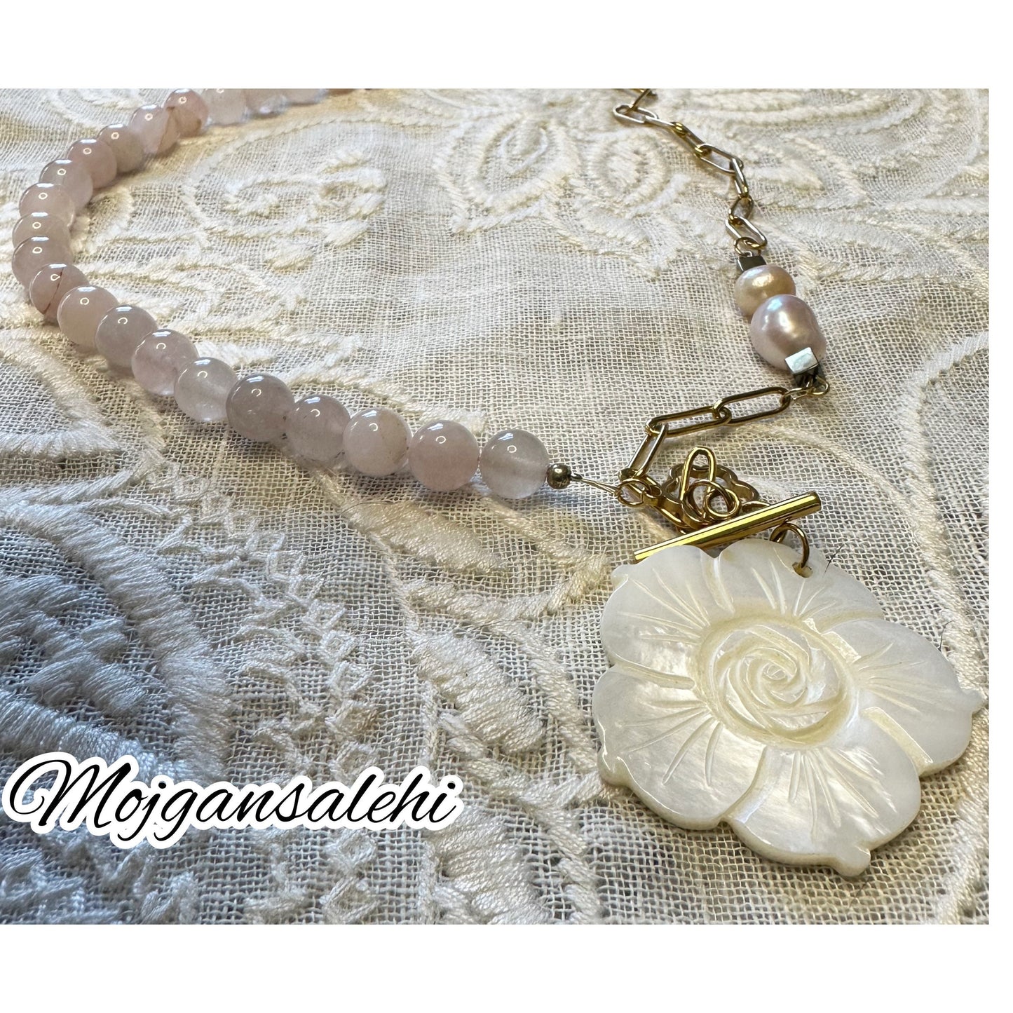 Freshwater pink and white Pearl, Rose Quartz, Mother of Pearl Necklace with stainless steel chain