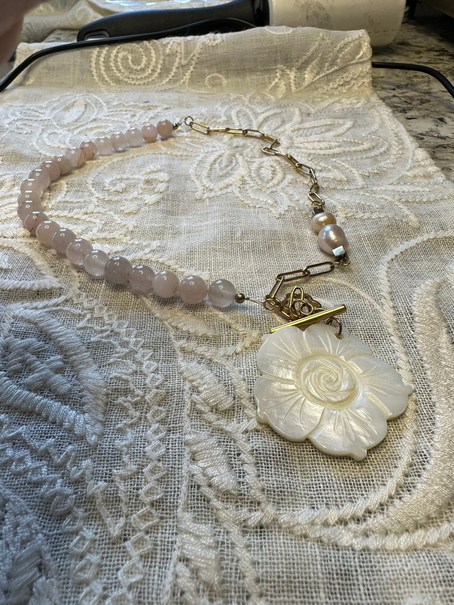 Freshwater pink and white Pearl, Rose Quartz, Mother of Pearl Necklace with stainless steel chain