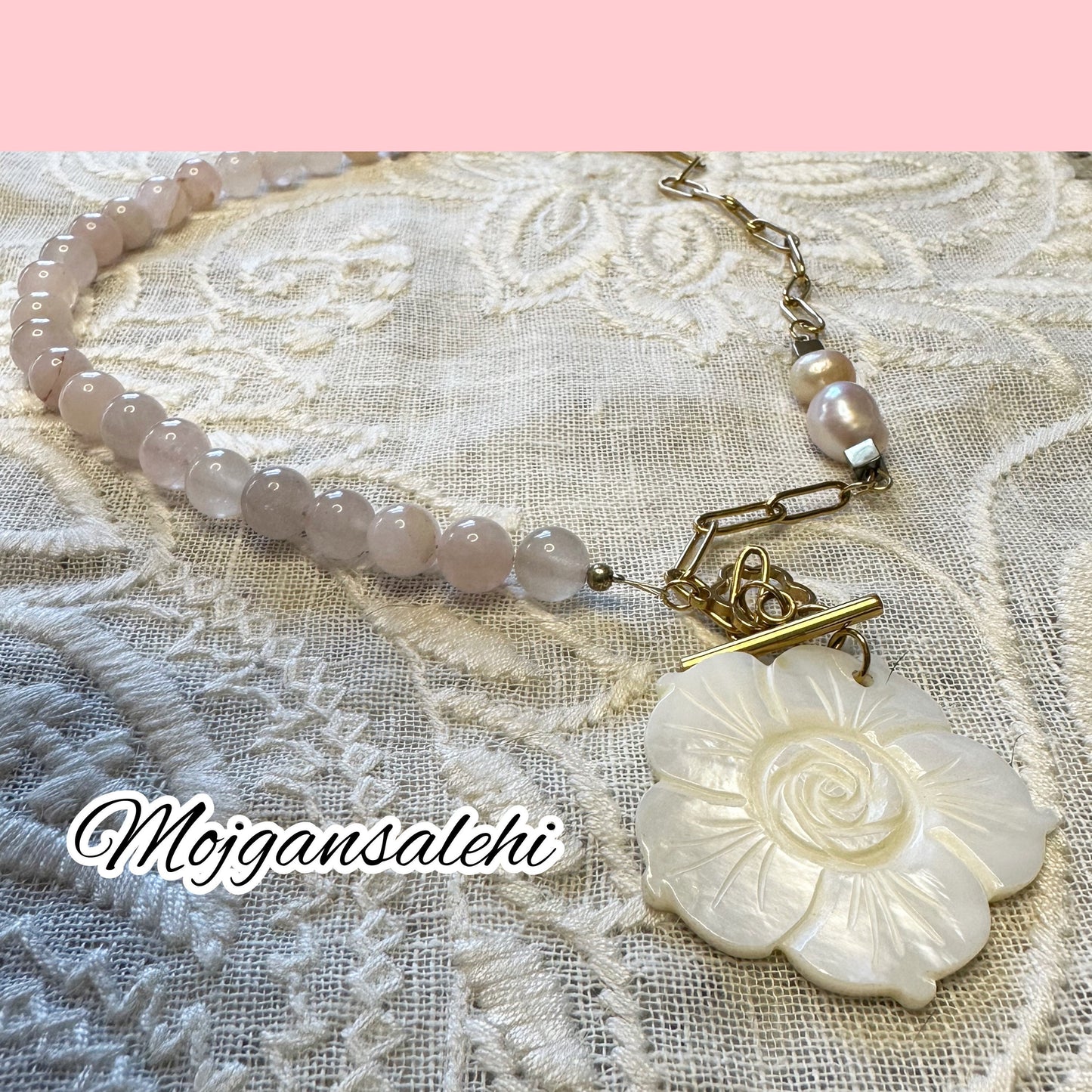 Freshwater pink and white Pearl, Rose Quartz, Mother of Pearl Necklace with stainless steel chain