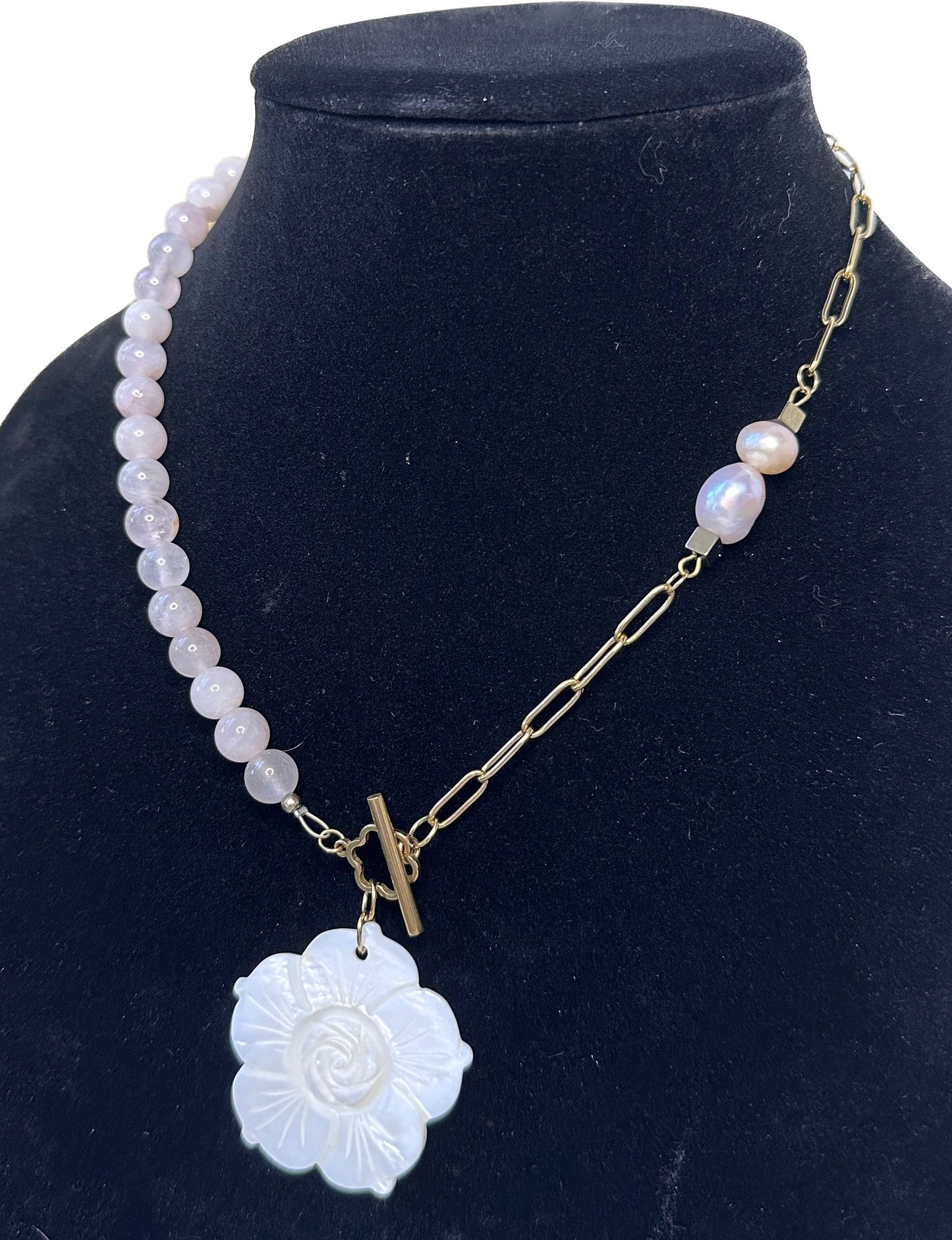 Freshwater pink and white Pearl, Rose Quartz, Mother of Pearl Necklace with stainless steel chain