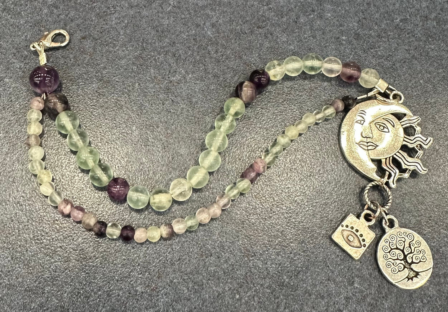 Fluorite bracelet with brass pendant, Evil eye bracelet, Sun and Moon bracelet. Valentine Day gift.