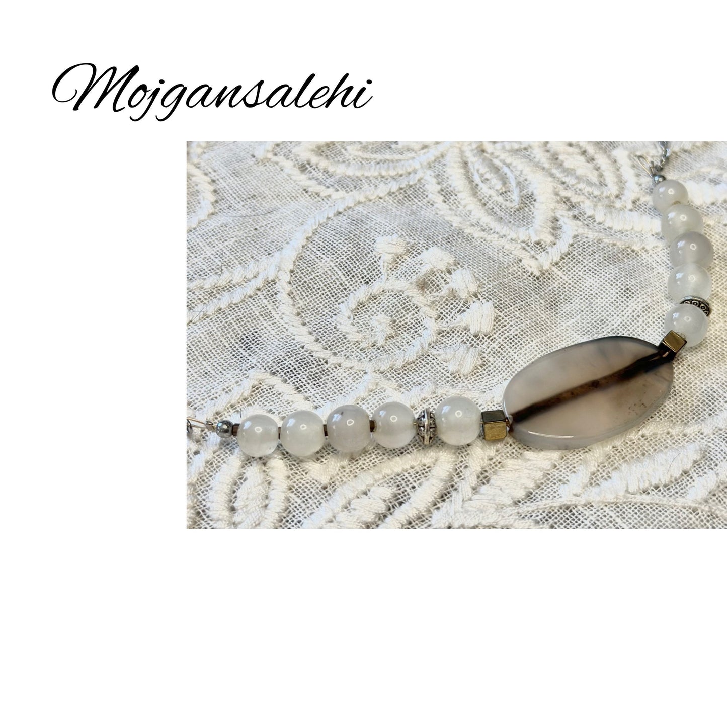 Agate necklace, beaded necklace, white necklace, healing necklace