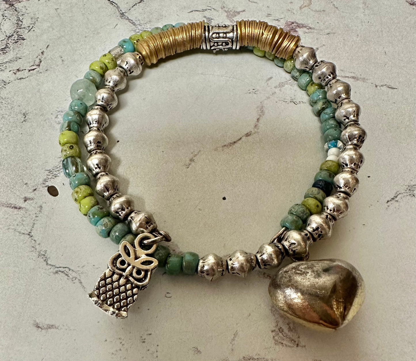 Stainless steel, Brass, Aquamarine and Czech beds Boho beads statement 2 coil memory wire cuff bracelet.