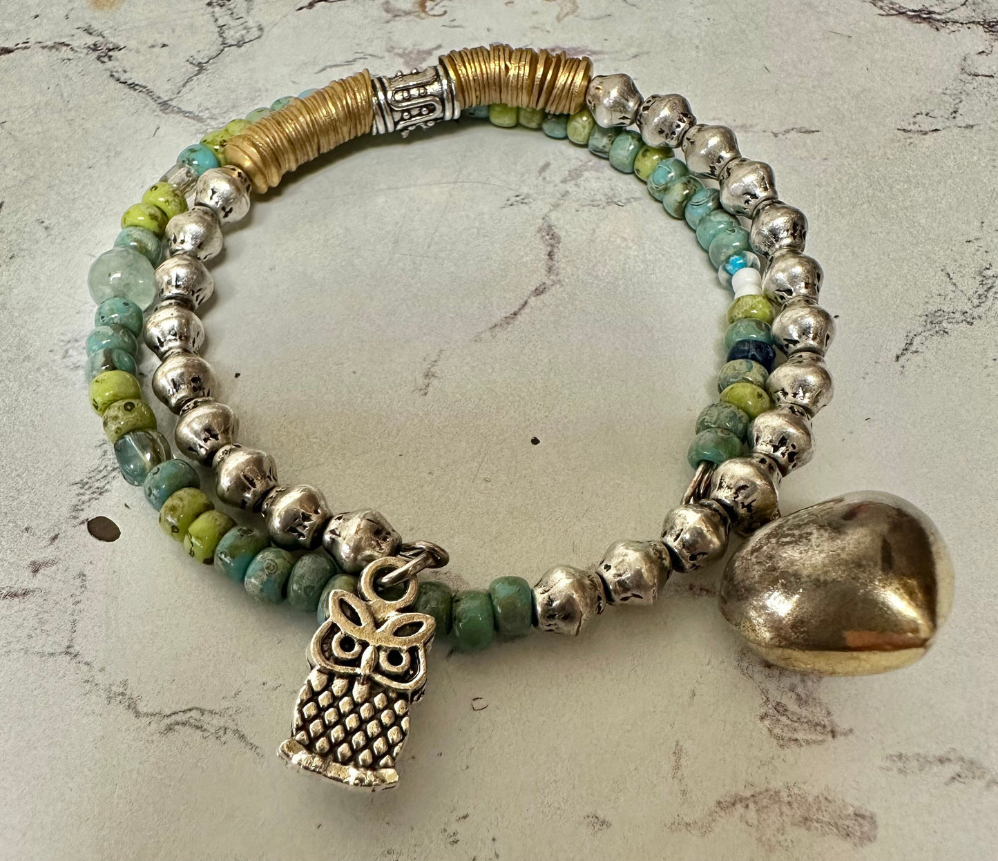 Stainless steel, Brass, Aquamarine and Czech beds Boho beads statement 2 coil memory wire cuff bracelet.