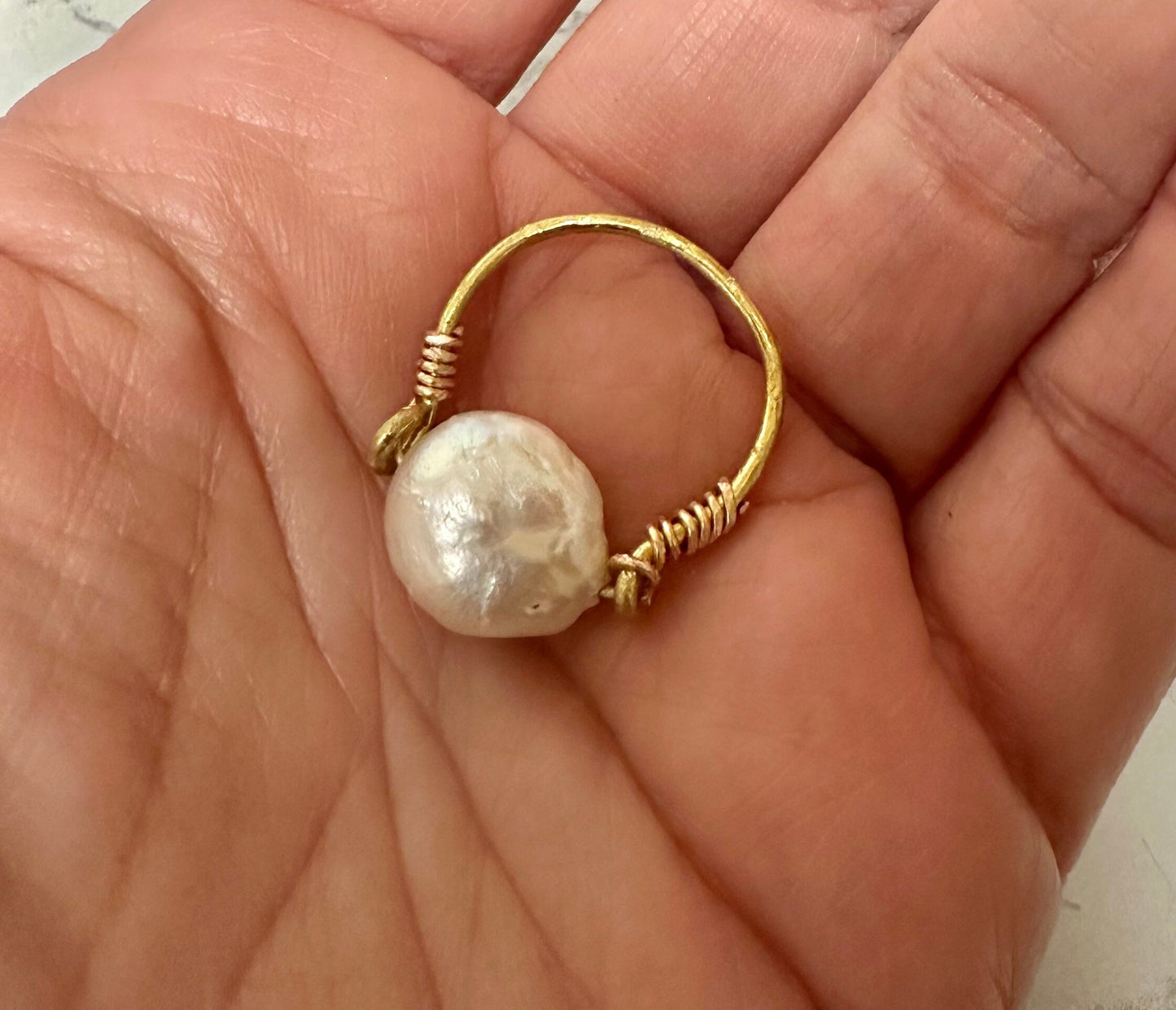 Pearl Coin Gemstone Wire Wrap Ring. Silver plated silver Color. Healing jewelry