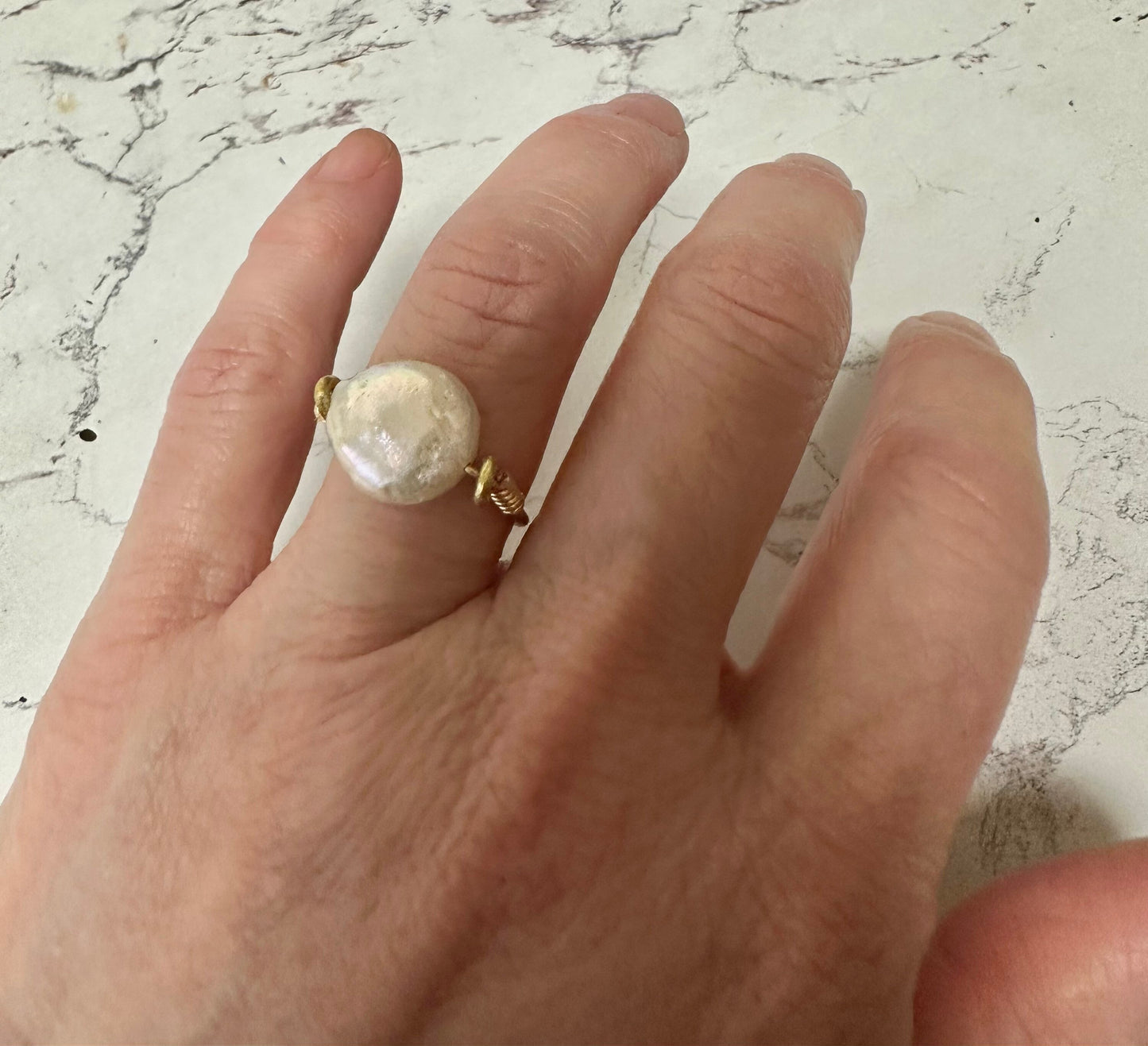 Pearl Coin Gemstone Wire Wrap Ring. Silver plated silver Color. Healing jewelry