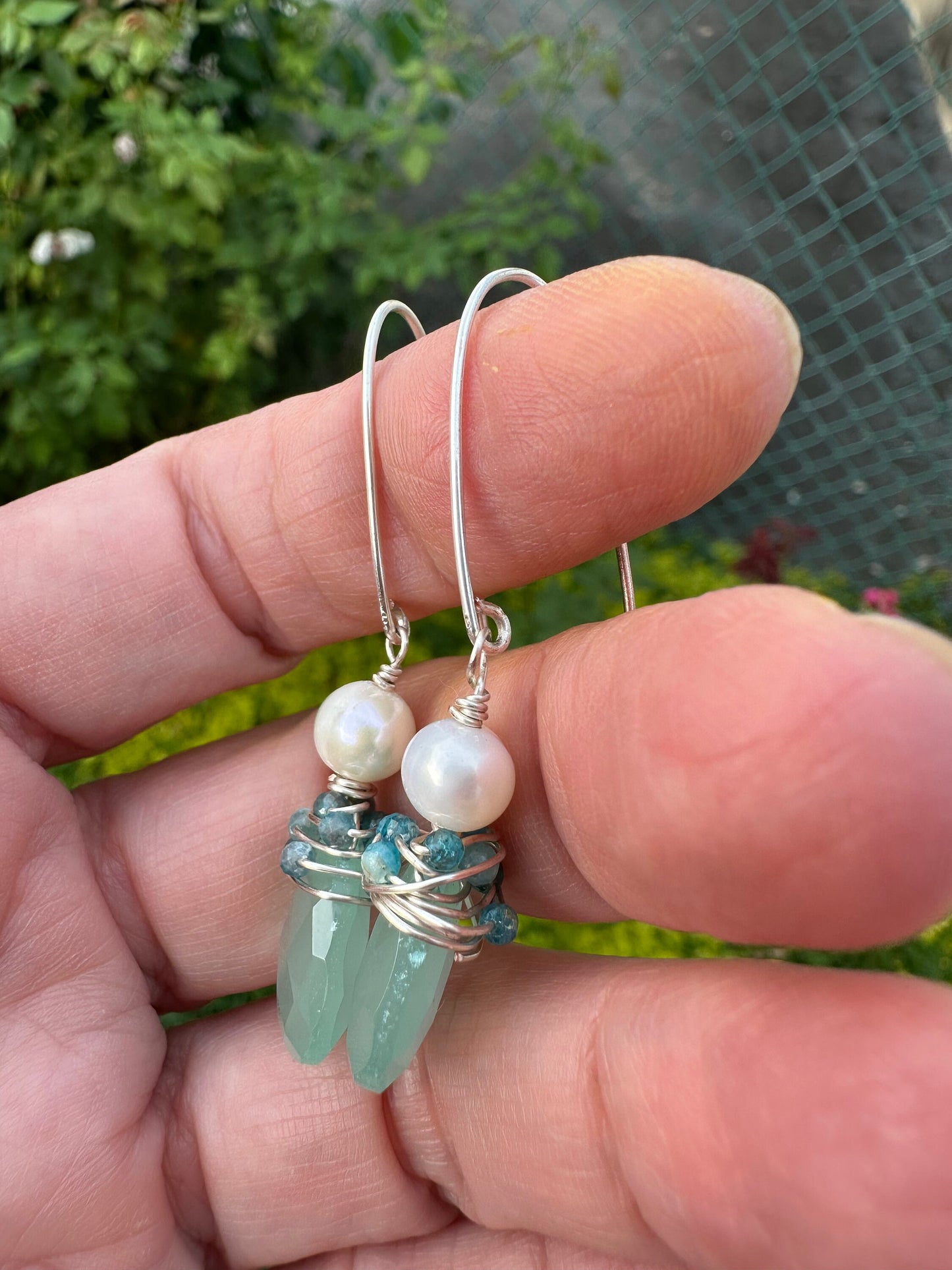 Blue sky Chalcedony, Blue kyanite, Freshwater Pearl earrings