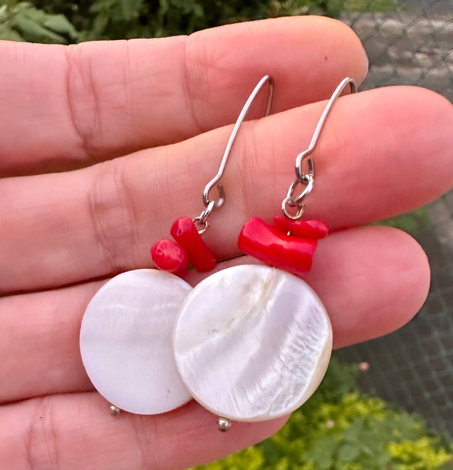 Mother of pearl and coral earrings