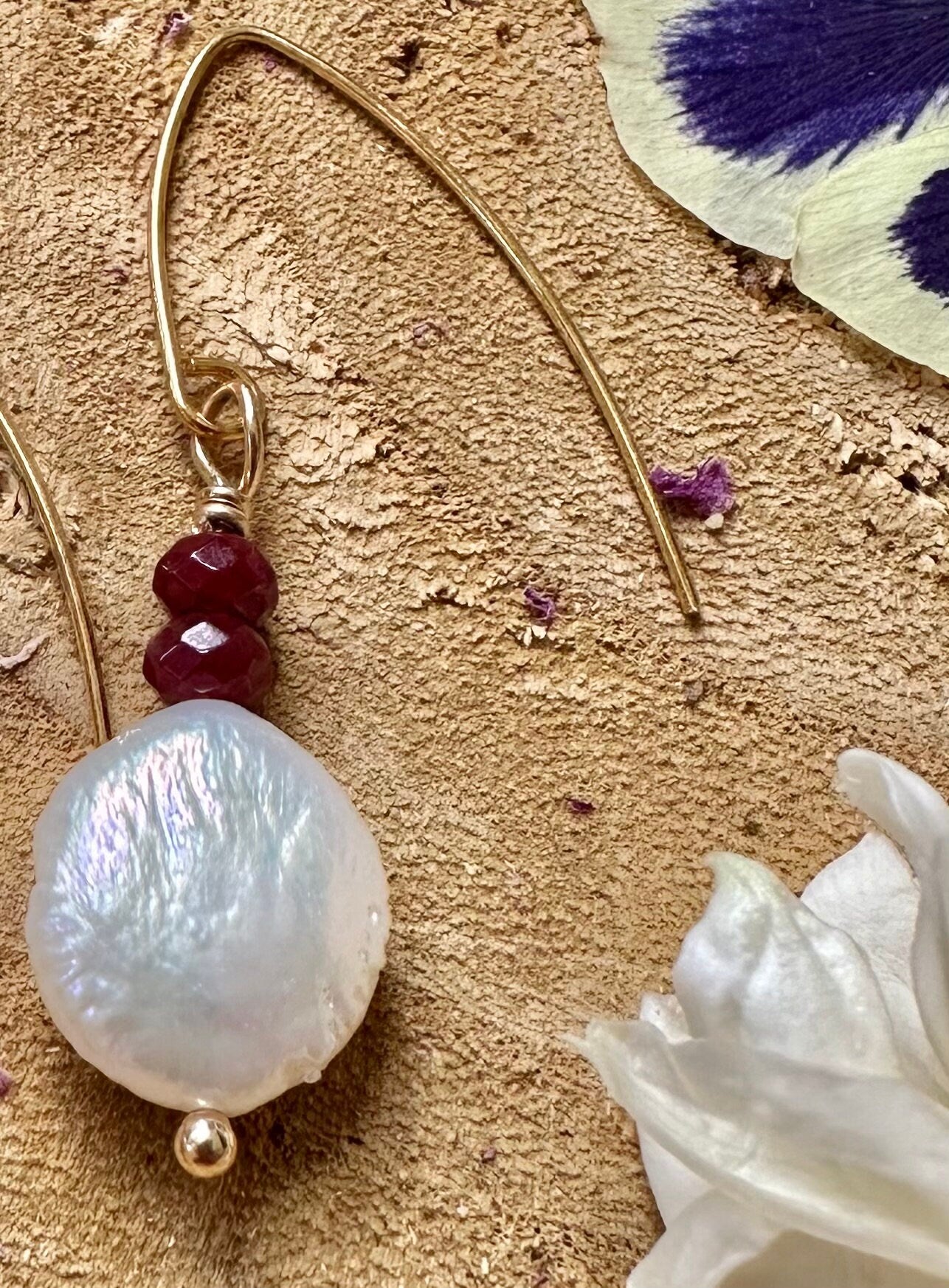 Freshwater pearl earrings with Garnet and Gold filled