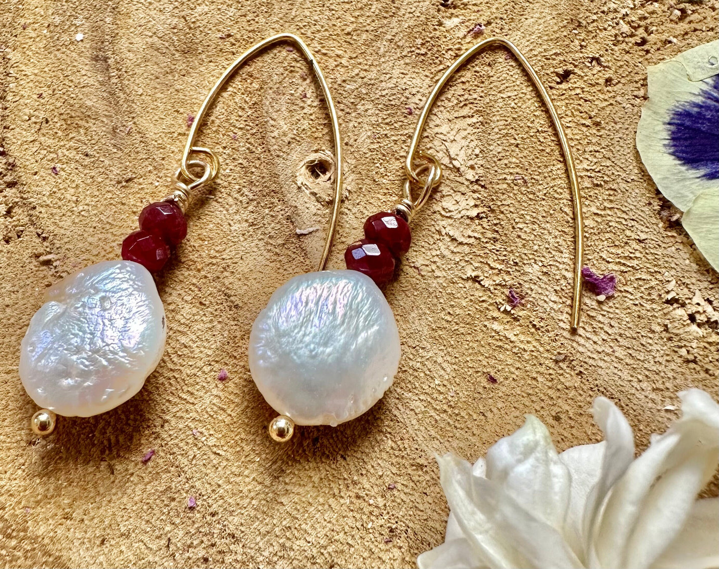 Freshwater pearl earrings with Garnet and Gold filled